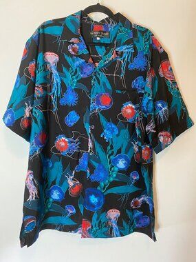 Vintage Via Ripatti Designs Mens Jellyfish Print Hawaiian Shirt Multicolor Large